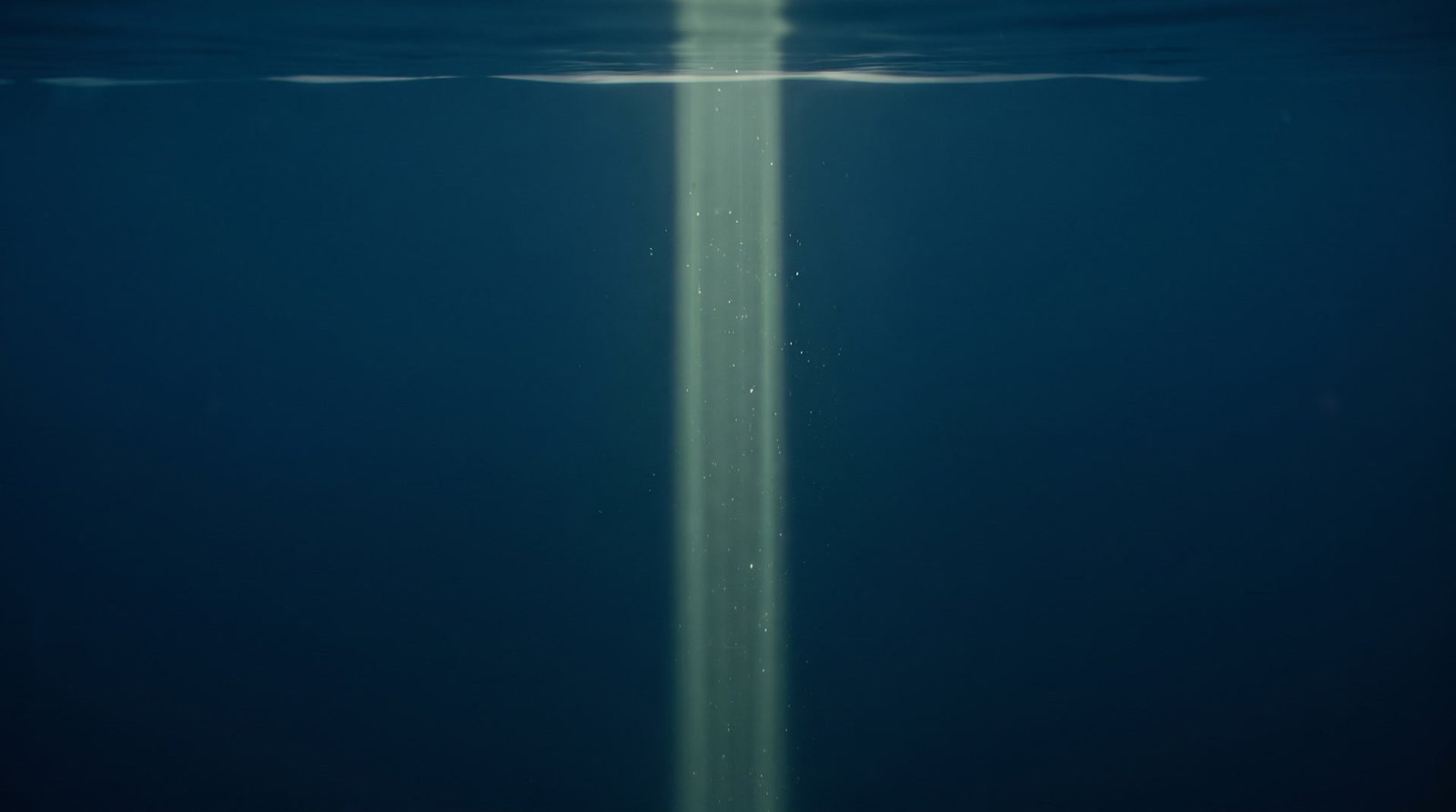 Deep navy water lit by a single shaft of sage green light